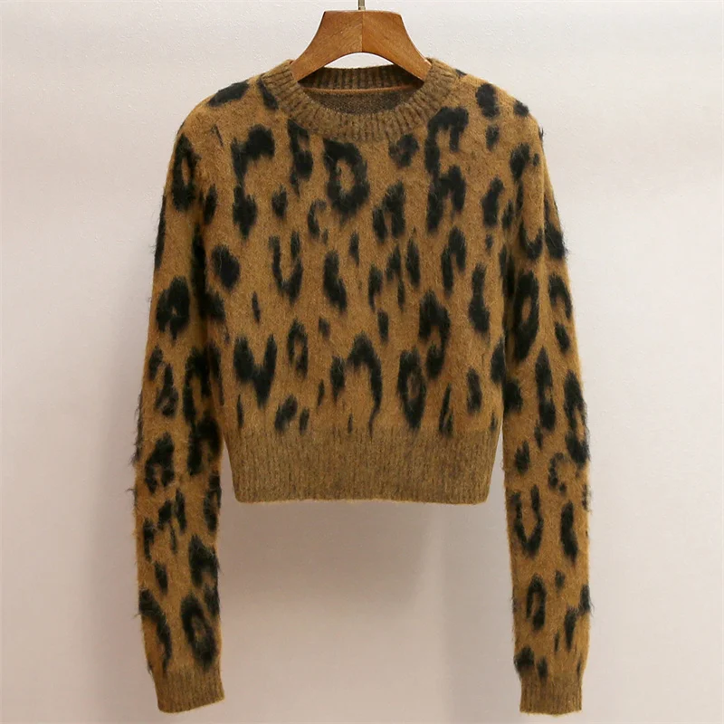 

Женский свитер 2025 г., новинка зимы, эластичный облегающий топ с длинными рукавами, пуловер с леопардовым принтом и круглым вырезом, женский джемпер y2k, трикотаж