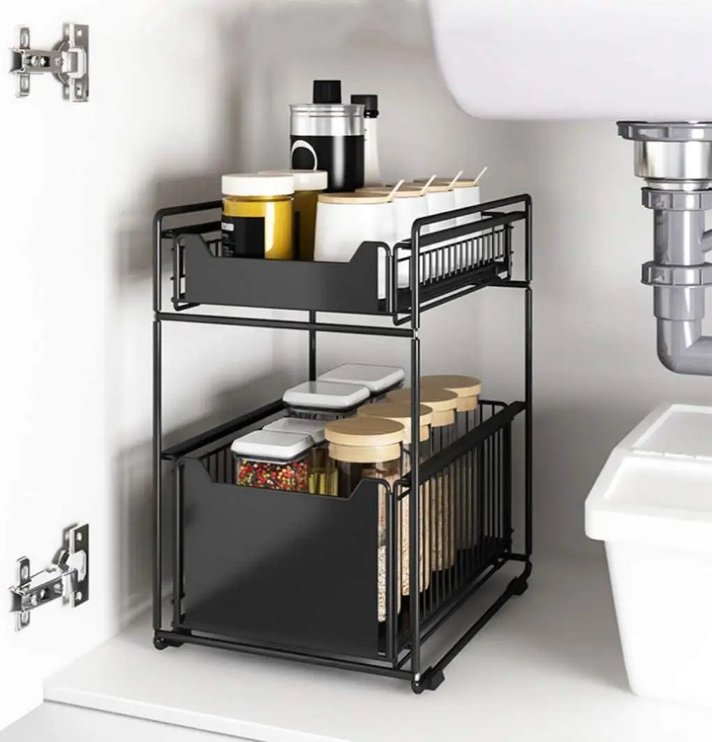 Support de rangement sous évier à 2 niveaux, tiroir coulissant noir, organisateur de cuisine en acier au carbone pour baguettes d'assaisonnement, salle de bain chambre à coucher