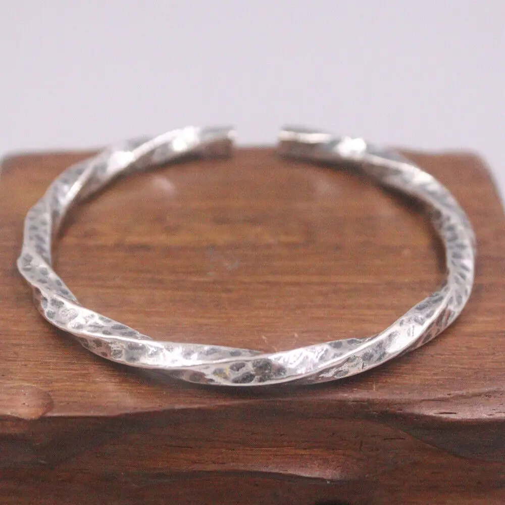 

Real 999 Fine Silver 5mm Mallear Stria Pattern Twirl Shape Cuff Bangle 2.44" Dia