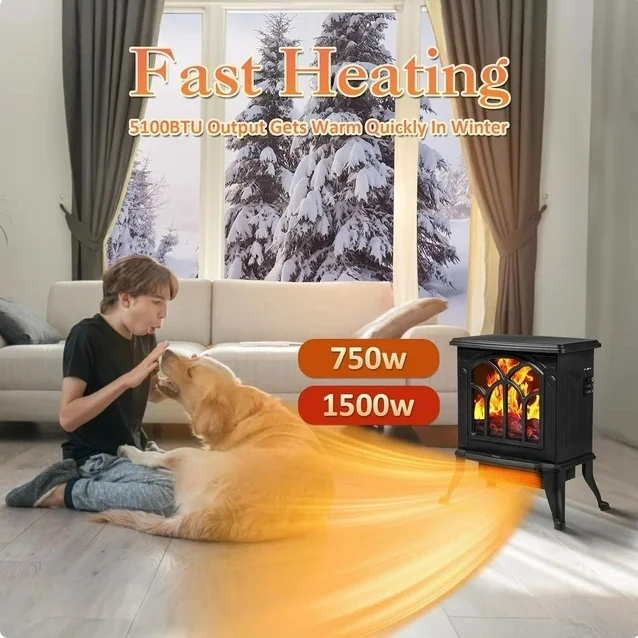 HONGGE 2-Setting Electric Fireplace Stove Heater with Life-Like Flame, Black