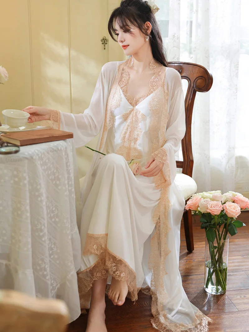 Long Sleeve Robe Nightdress Pajamas for Women Spring Chest Pad Spaghetti Strap Cotton Lace Mesh Vintage Princess Sleepwear