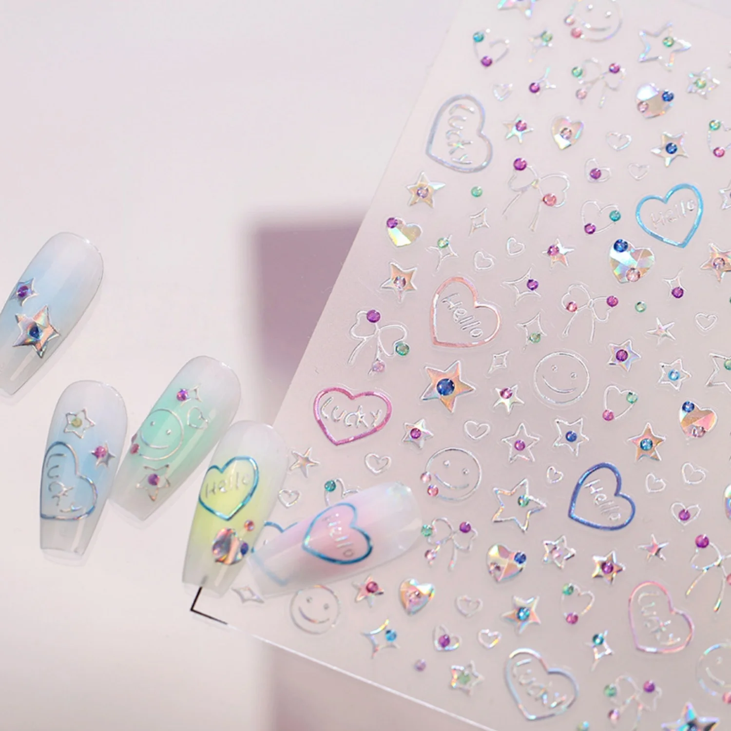 Shiny Laser Foil 5D Nail Art Stickers Hello Font Heart Smile Face Bow Five-point Star Nail Decal Self Adhesive Vivid Manicure