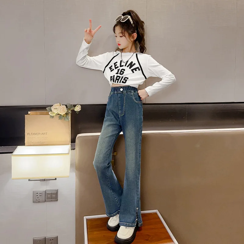 Girls' Pants Bell-bottom Pants Autumn and Winter Fashion Children Teenagers Children Korean Pants Stretch Slit and Fleece Jeans