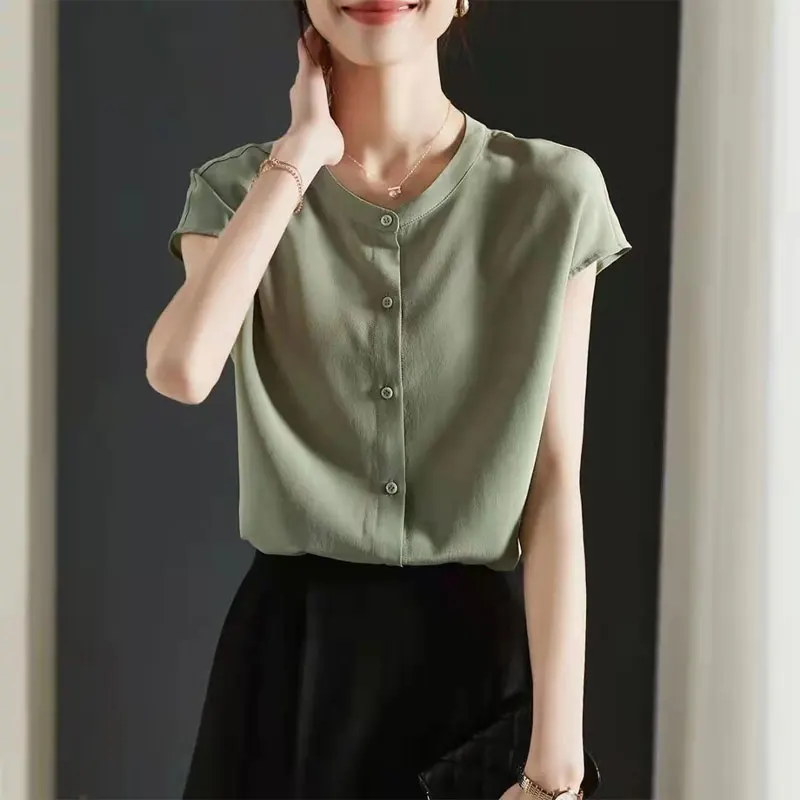 2023 Summer Commute Round Neck Blouse Fashion Single-breasted Women\'s Clothing Solid Color All-match Casual Short Sleeve Shirt