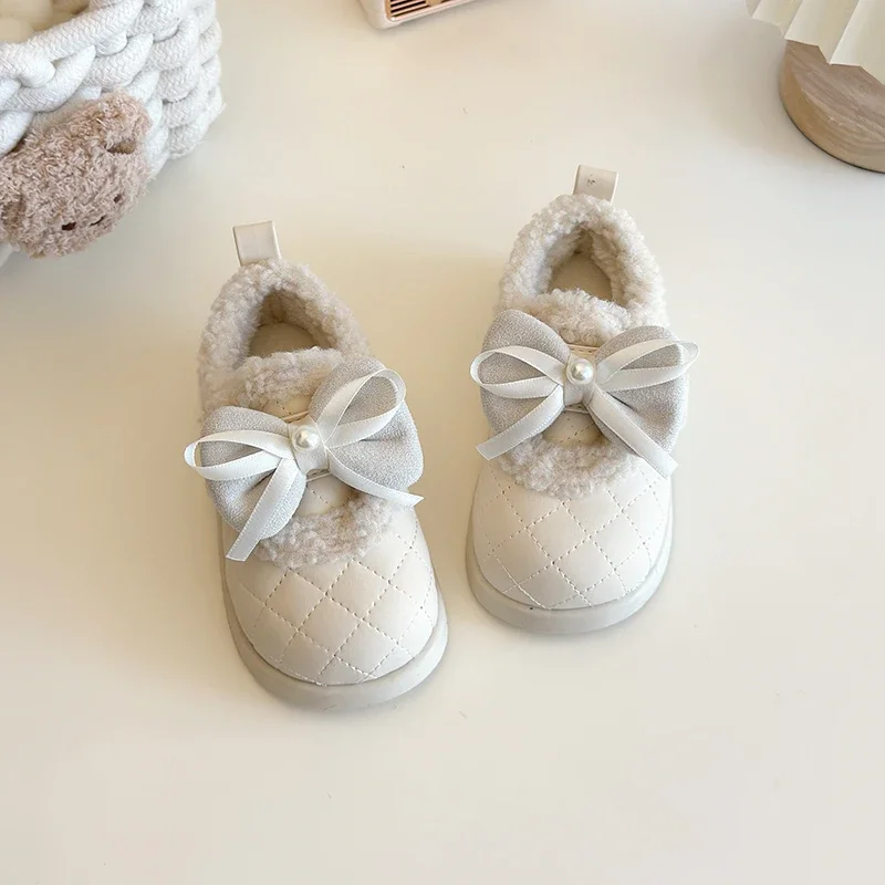 Girls Winter Cotton Shoes Princess Sweet Bow Children Causal Plush Shoes Warm Furry Hairy Kids Fashion Outdoor Shoes Beige Brown