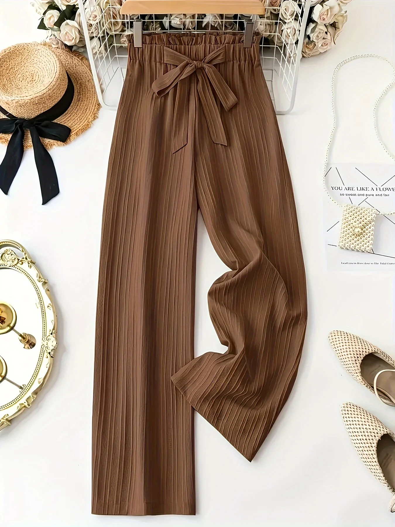 

Summer casual, elegant and comfortable women with bow details, high waist, elastic waist, loose wide leg pants, long pants