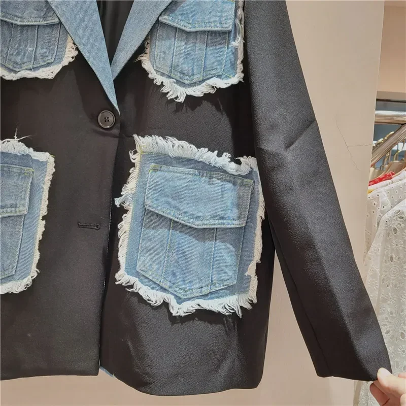 Spring Casual Frayed Burrs Cowboy Pocket Stitching Suit Jacket Women Loose Denim Notched Collar Long Sleeve Female Blazers Coat