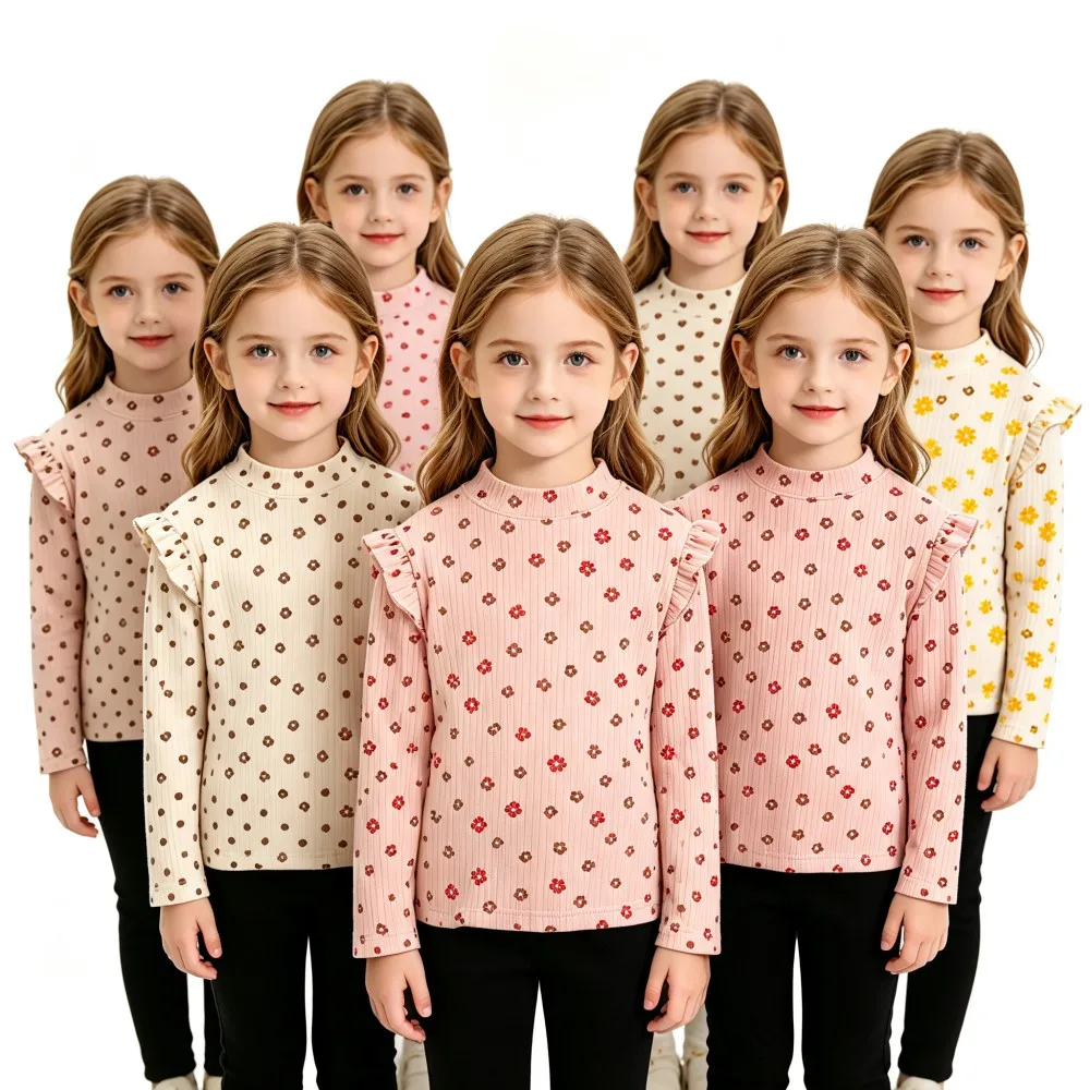 Kids Girls Fall Long Sleeve Base Layer T‑Shirt Ruffle Floral Polka Dots Froal Print Soft Knit Elastic Tshirts Daily Wear Tops