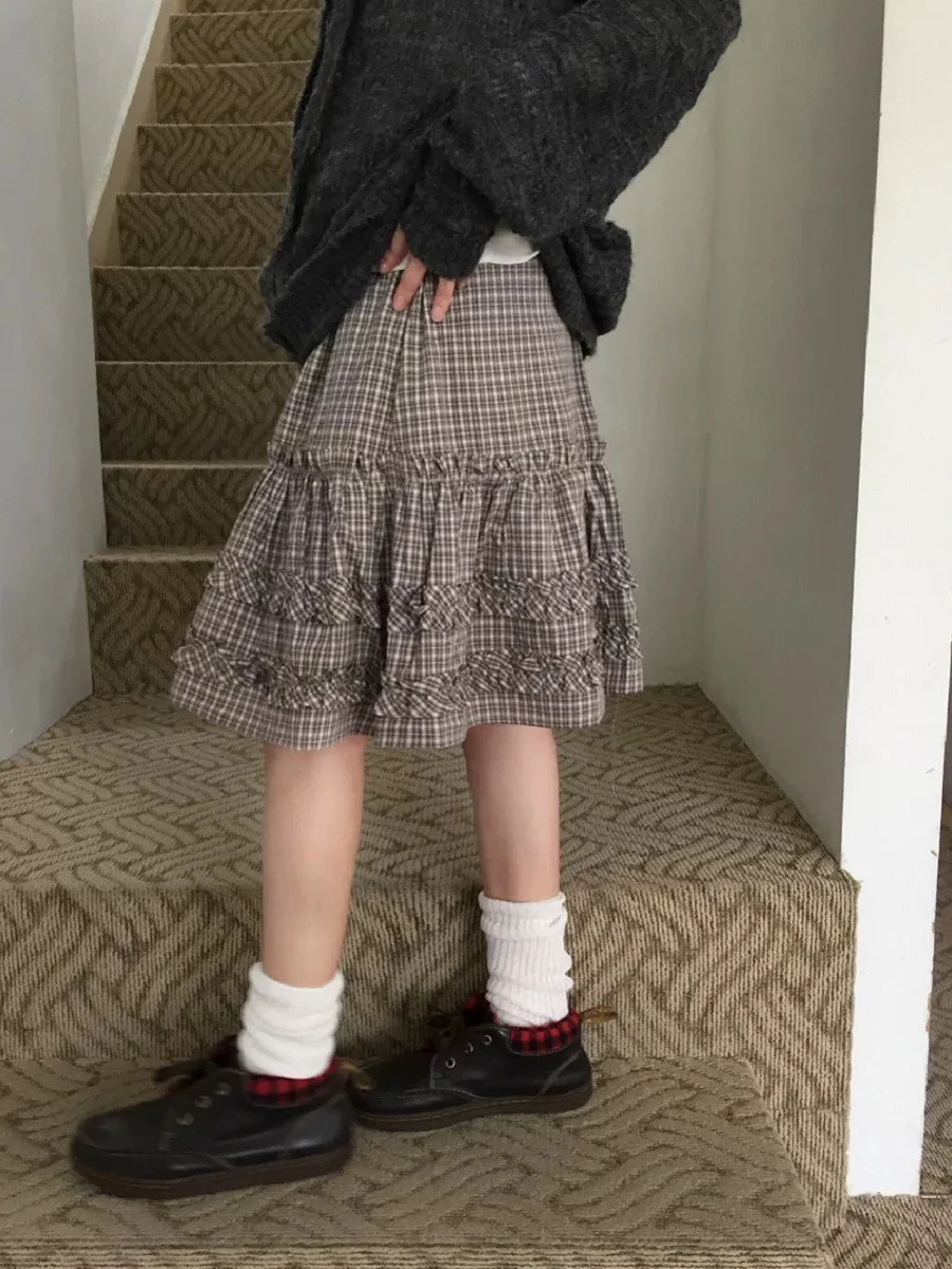 

Ретро-юбка А-силуэта в японском стиле с плиссировкой и клетчатым узором, на резинке, с оборками, женская, весенняя, модная, из смесового хлопка