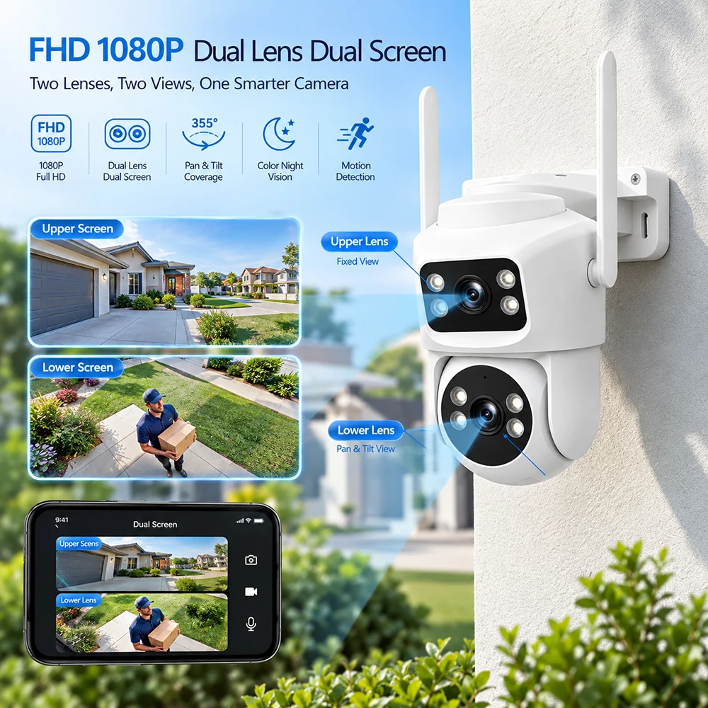 2MP+2MP Dual Lens Security Camera Outdoor WiFi PTZ IP Camera AI Human Detect Auto Tracking Wireless CCTV Camera CamHipro app