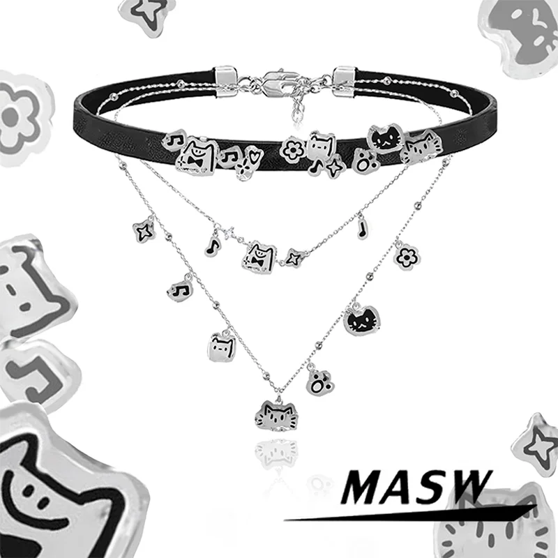 MASW Original Design Lovely Style Multi Cats Notes Black PU Choker Necklace For Women Girl Gift Trend Jewelry Hot Sale