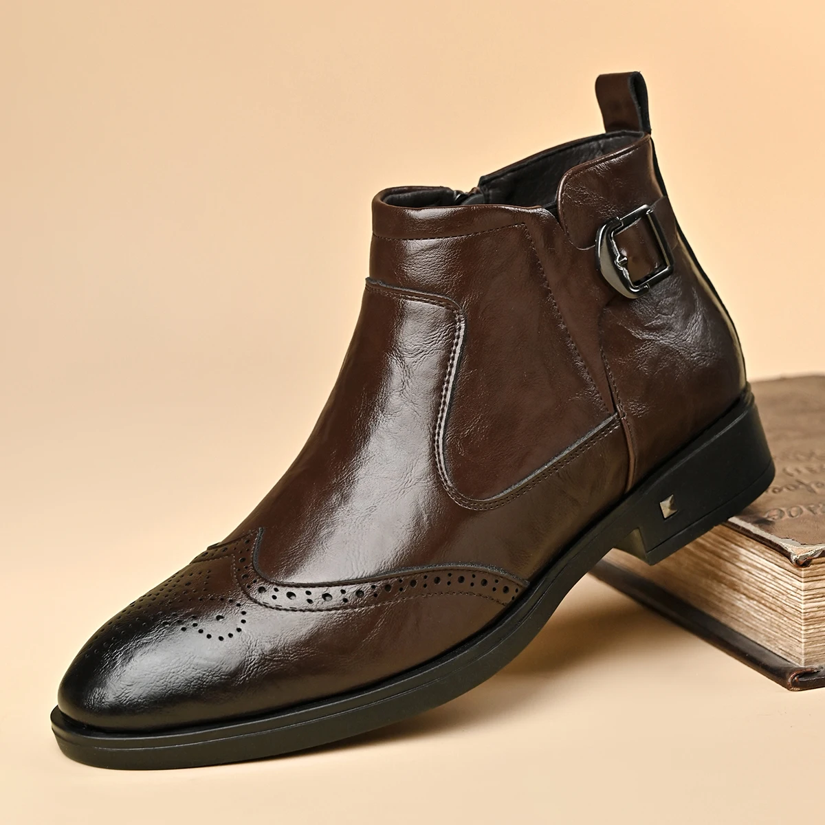 Four SeasonsNew Retro High Men's  Boots Dress BusinessWorking Boots Lace-up Leather Comfy Flat Flatre sistant Casual Shoes - view 4
