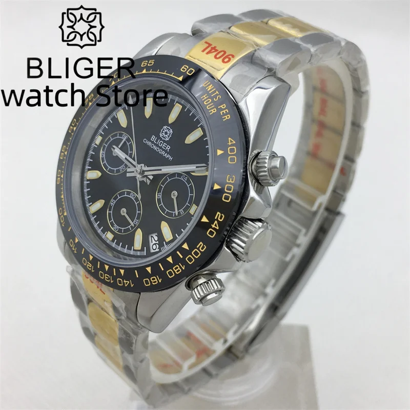 BLIGER 39mm quartz chronograph VK63 Movement Sapphire Glass Men's Watch Calendar Oyster strap Three-eye dial Green luminous