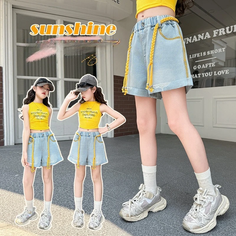 

2025 New Summer Collection for Girls: Stylish Children's Denim Pants with Drawstring Design for Older Kids, Available in Capris