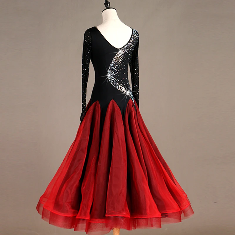 Ballroom Dance Dress Standard Rhinestones Contrast Colors Ballroom Practice Wear for Women V-neck Long Sleeves Competition Waltz