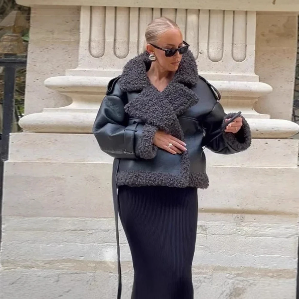 女性用ラムウールレザーロングジャケット,暖かいラペル,長袖,ベルトポケットコート,パッチワーク,冬,2022