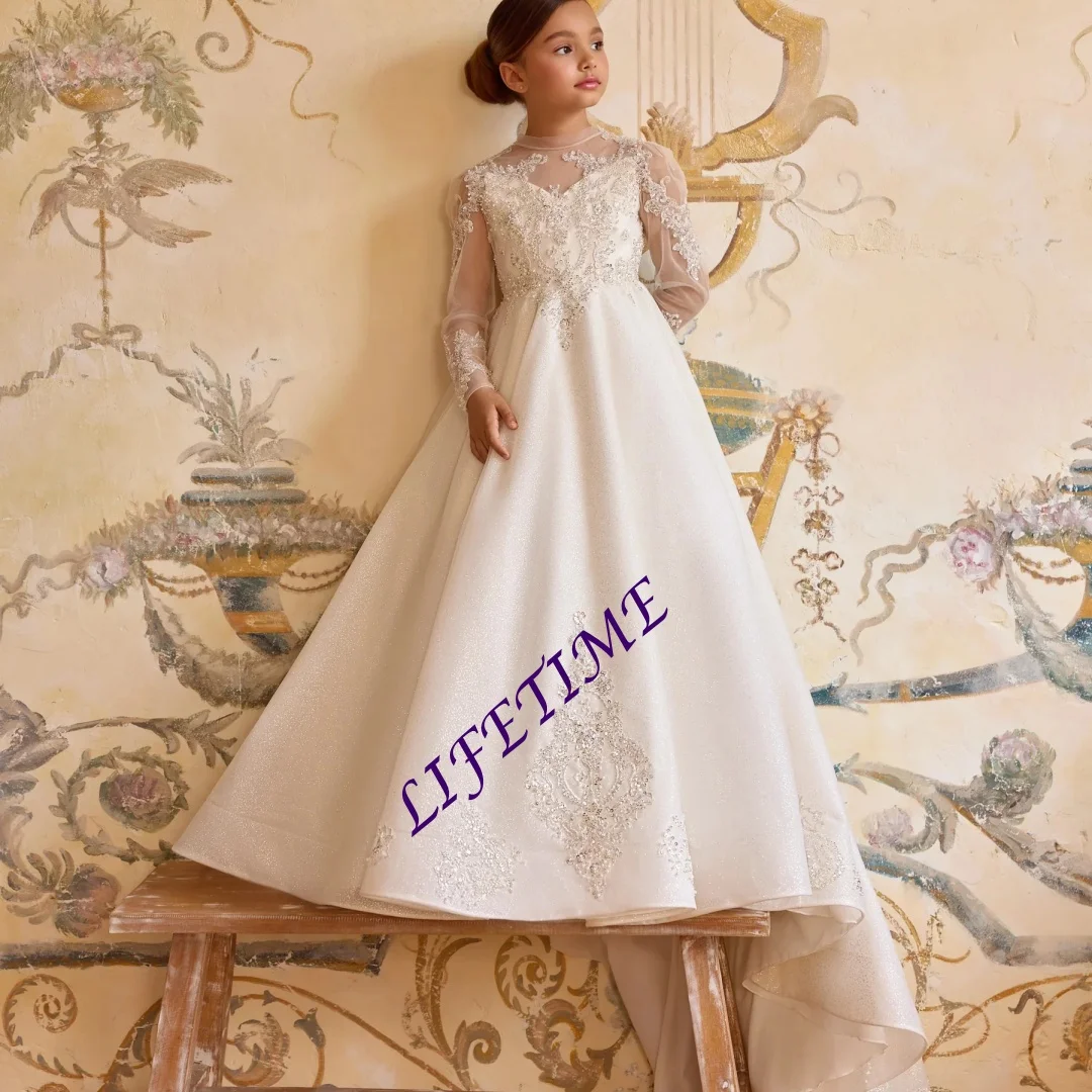 

CustomizedPrincess White Flower Girl Dresses for Wedding High Neck Long Sleeve First Communion Baby Girl's Birthday Party Gowns