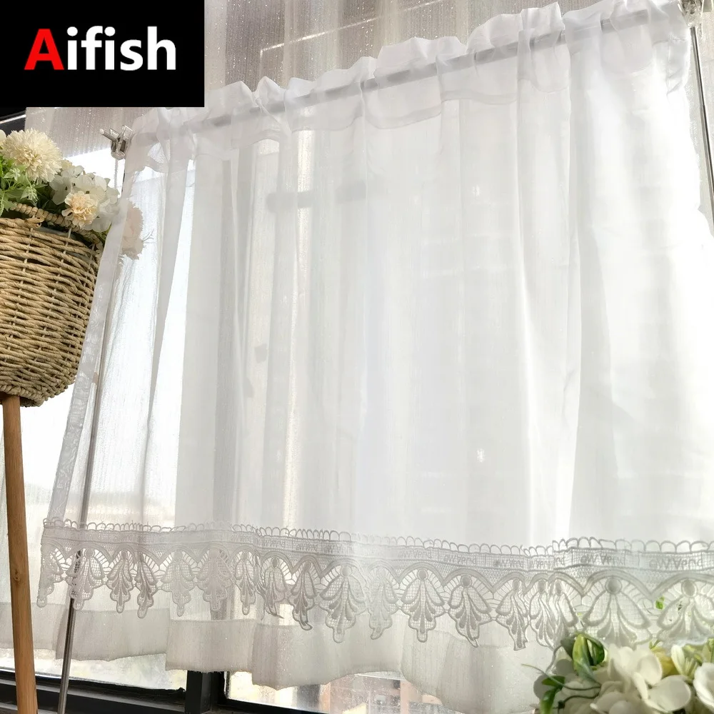 European American Short Tulle Curtains For Kitchen White Sheer Lace Home Bedroom Window Decor Panel Half Drapes 1Pice Curtains