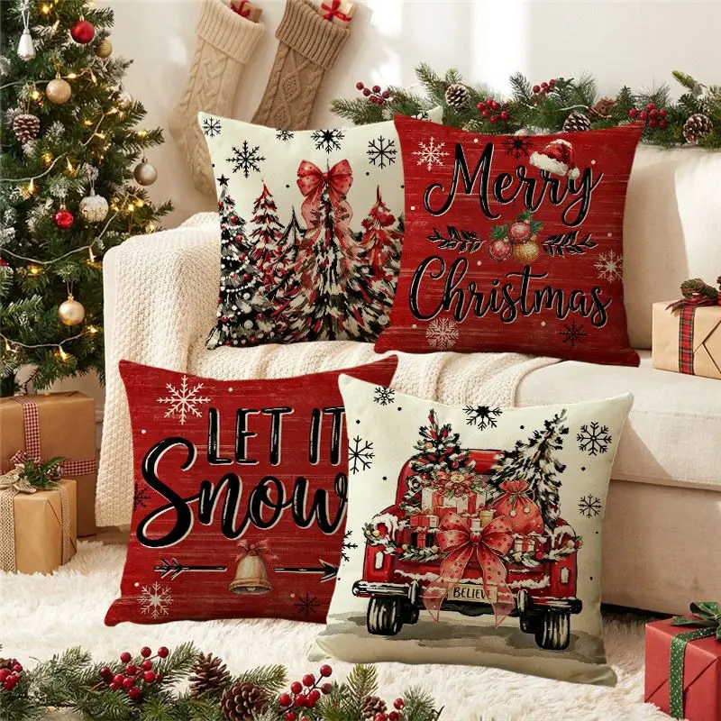 VIKAMA Christmas Cushion Cover Vintage Red Truck Xmas Tree Snowflake Print Throw Pillow Cover Sofa Holiday Home Decor