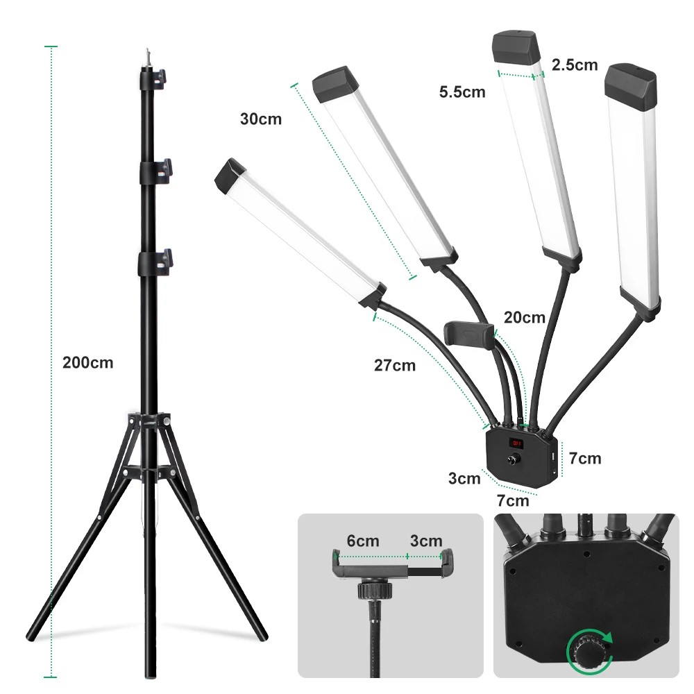 Professionelle Tattoo-Schönheitslampe, Fotografie, LED-Ringlicht, flexibel, 4-armig, LED-Videoleuchte, 65 W, 3200–5600 K, mit USB-Ladeanschluss – Detail 9