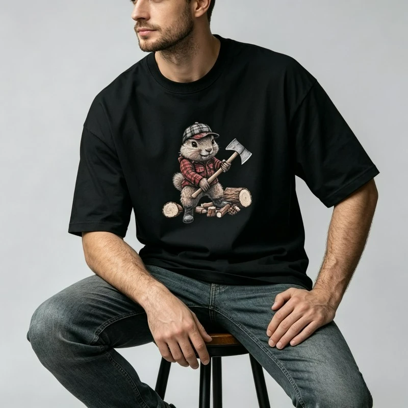 Summer Squirrel Lumberjack Print Men’s T-Shirt Simple Versatile Short Sleeve Black White Tops