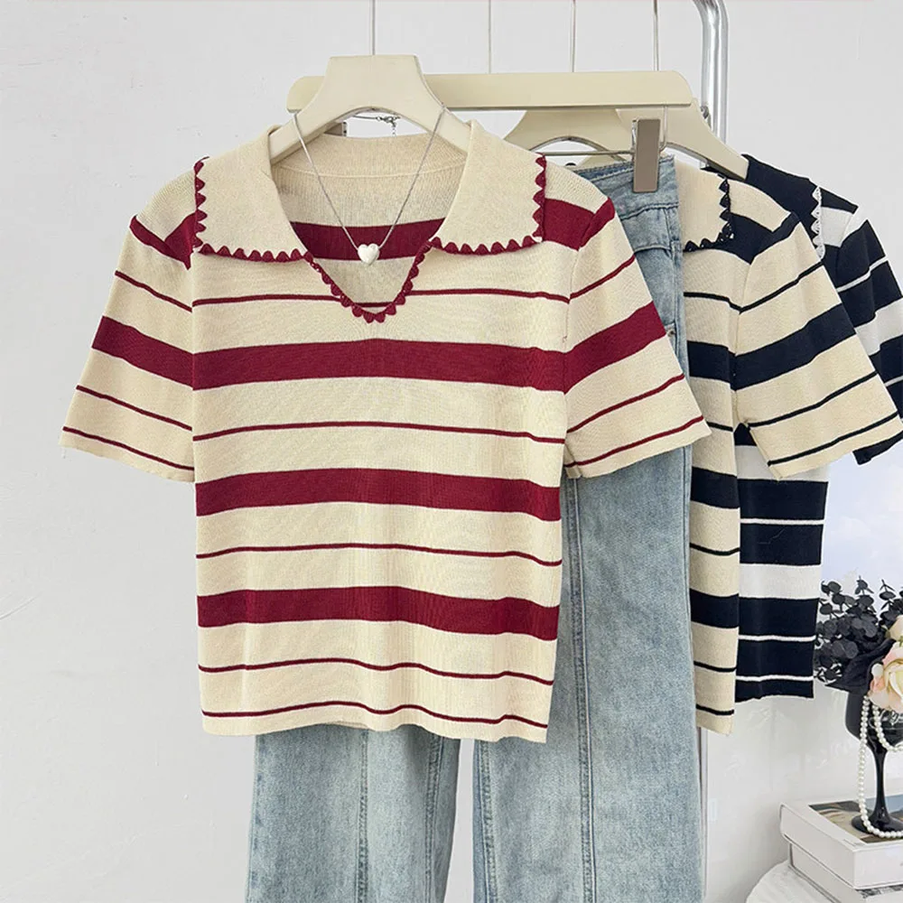 

New V Neck Stripe Womens Tee Color Block Design Short Sleeve Minimalist Style Top New Summer Round Neck Tee Womens Clothing