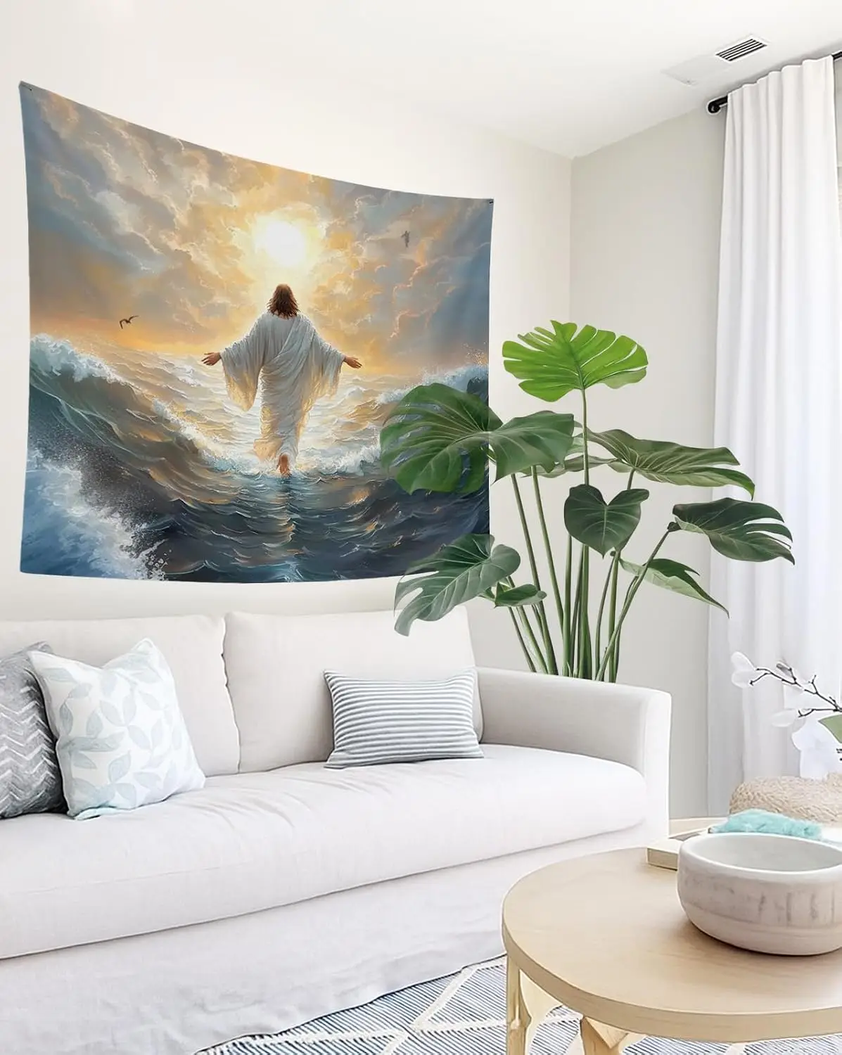 Christian Jesus Divine Encounter Wall Tapestry Canvas Print Spiritual Religious Storm Sea Waves Inspirational Gospel