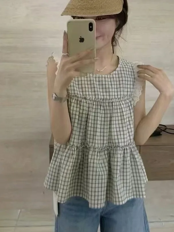 

Summer ort Plaid irt Women's Faion Doll Sle Pleated Lace Trim Fly Sve Cheered Pattern Regular Fit Casual Top