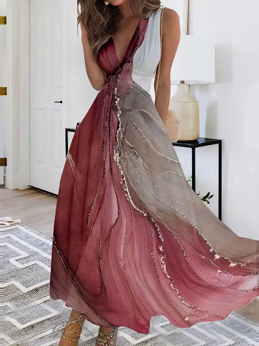 

New Elegant Women's Dress Spring Summer Fashion Sexy Elegant Printed V-neck High-waist Sleeveless Vest A-line Coat Hem Dress