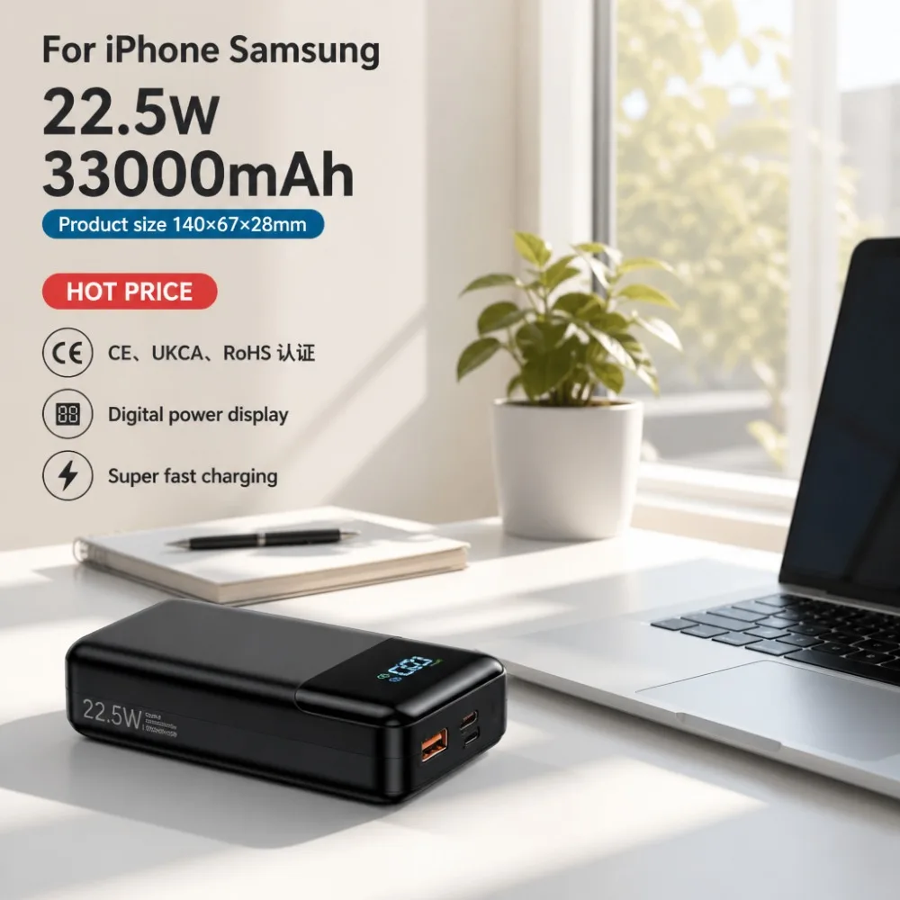 33000mAh PowerBank PD QC3.0 Fast Charging USB-C Portable Battery for iPhone 16/15/14 Samsung S24 Xiaomi - CE UKCA RoHS Certified