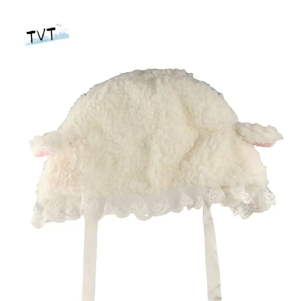 

Brimless Beanie Cap Straps Sheep Ear Plush Hat Japanese Style Y2K Lolita Lace Hat Elastic Soft Ear Protection Cap Keep Warm