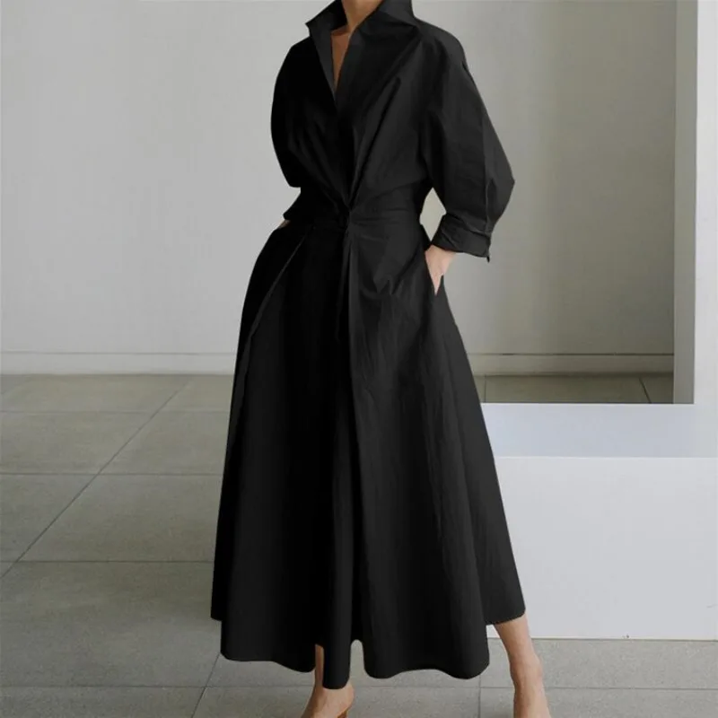 Luxury Women Spring Summer Sundress Lapel Long Sleeves Black White Dress Design Long Shirt Dress Robe Vestidos Lady Streetwear