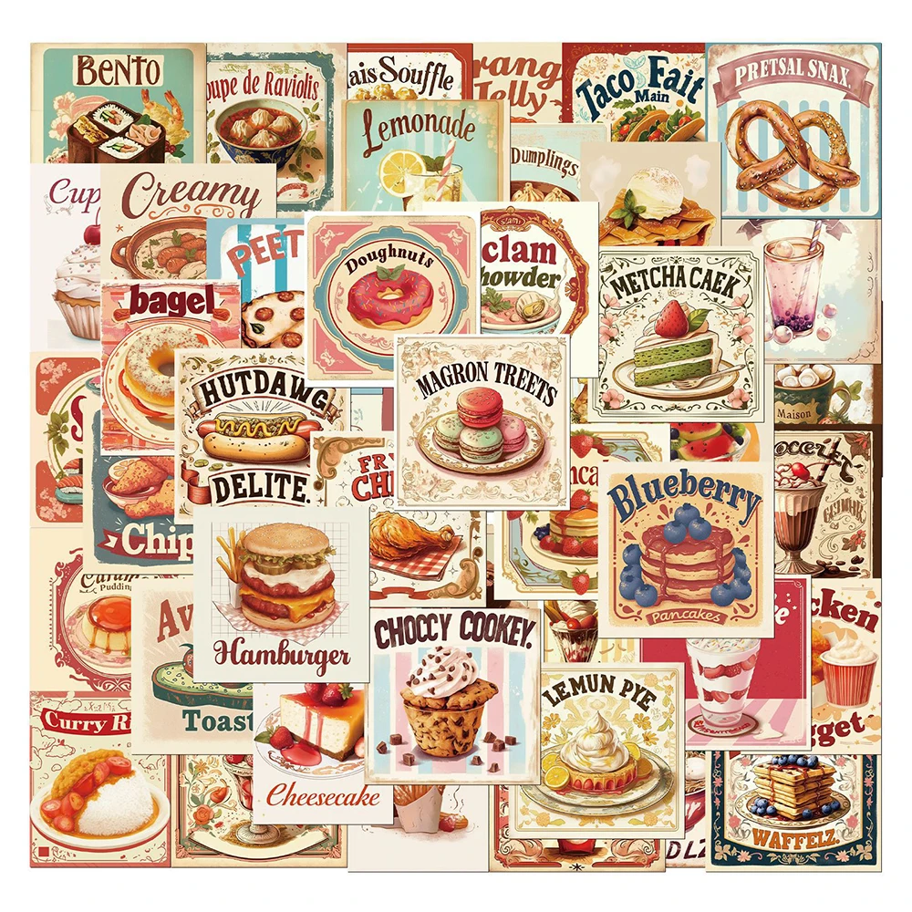 10/30/50pcs Vintage Delicious Food Labels Stickers Cartoon Cake Doughnut Sticker DIY Water Bottle Phone Fridge Decals Decoration
