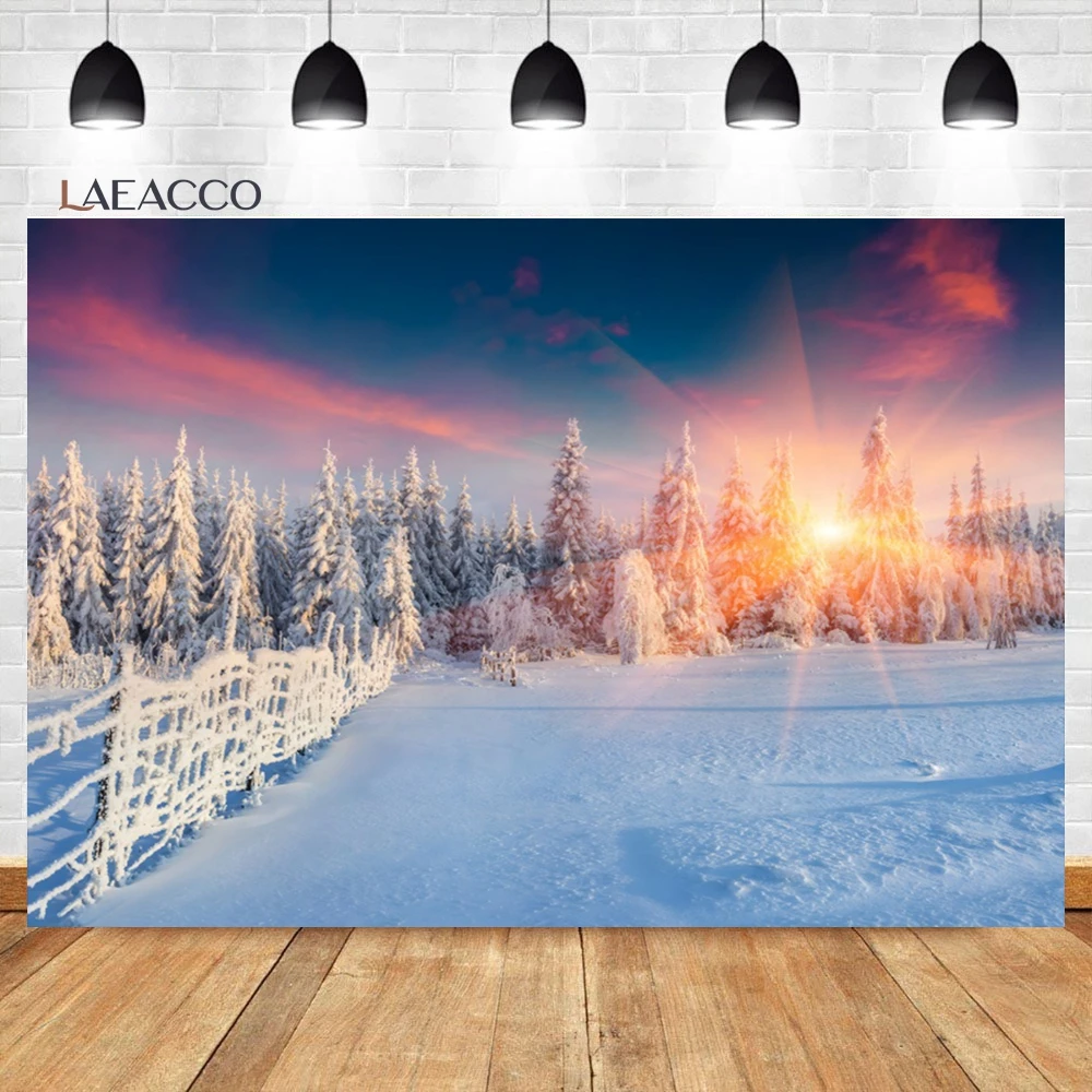 Laeacco Winter Wonderland Backdrop Snow Cover Pine Trees Winter Forest Scenery Christmas Holiday Portrait Photography Background