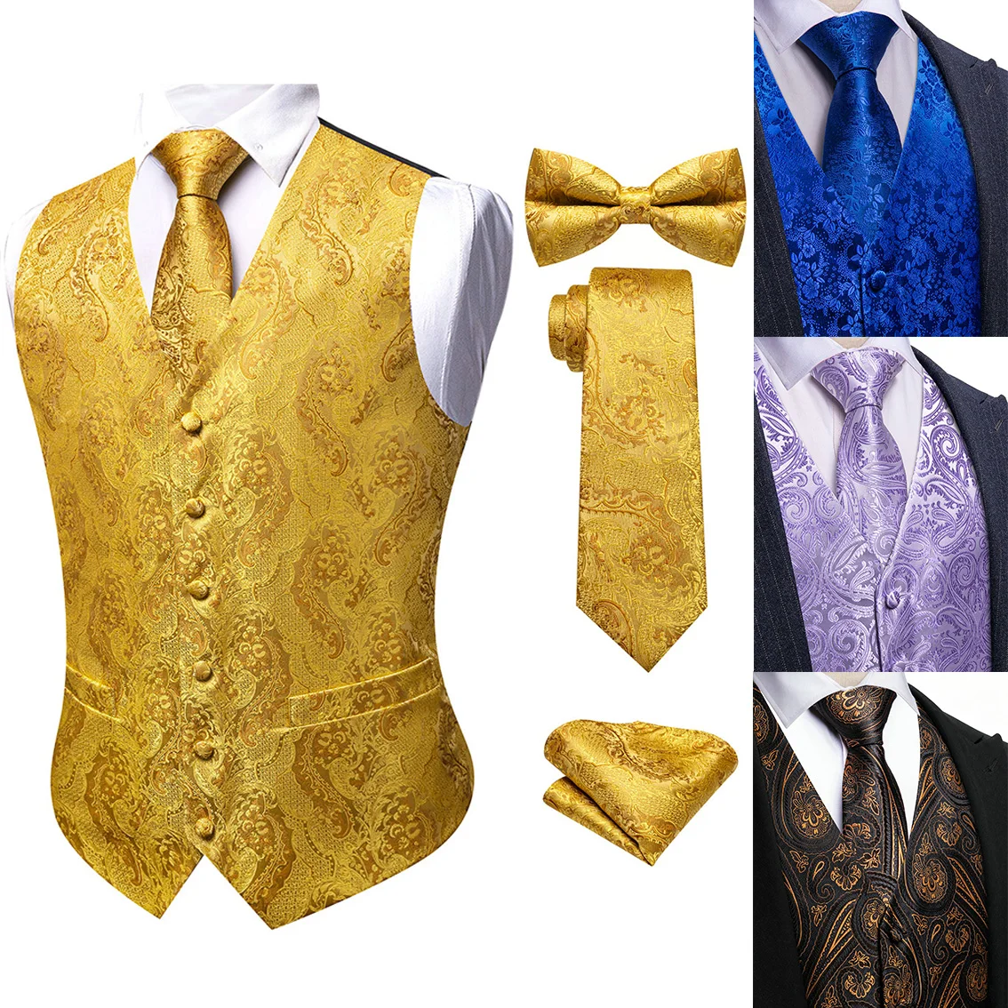 VERVEROW Elegant Men's Jacquard Paisley Floral V-neck Vest Tie Pocket Square, Formal Dress Suit Vest for Wedding Party Prom