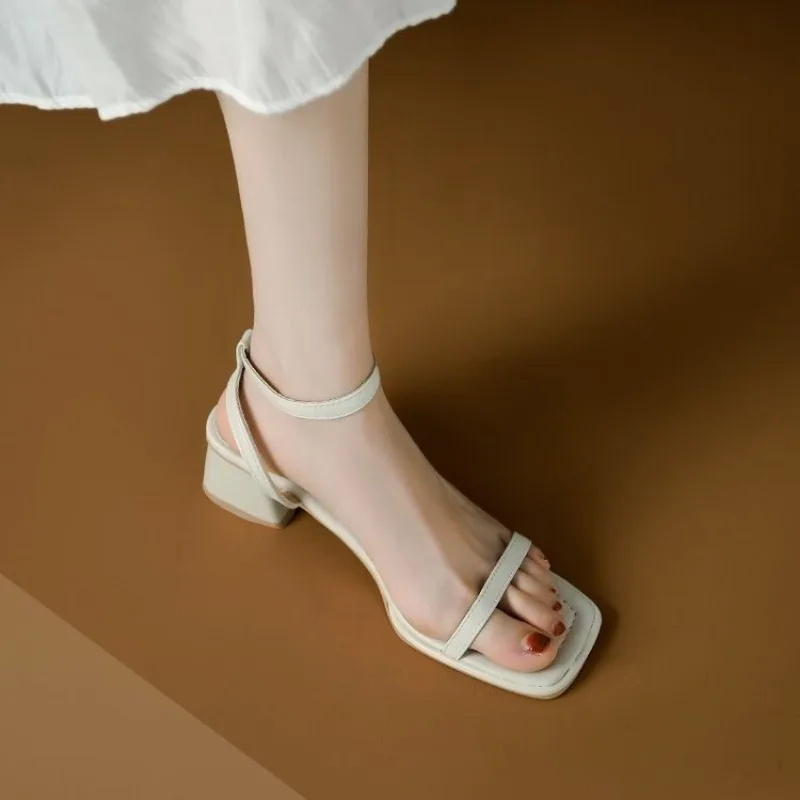 

2024 Summer New Narrow Band Women Sandal Shoes Fashion Thick Heel Ladies Elegant Open Toe Sandalias Ankle Strap Dress Pumps