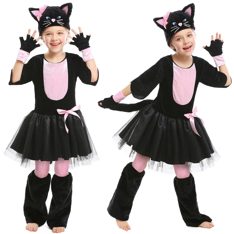 Umorden Cutie różowy czarny kot kotek kotek kostiumy dla dziewczynek dziecko fantazyjne Halloween karnawałowe przyjęcie sukienka noworoczna