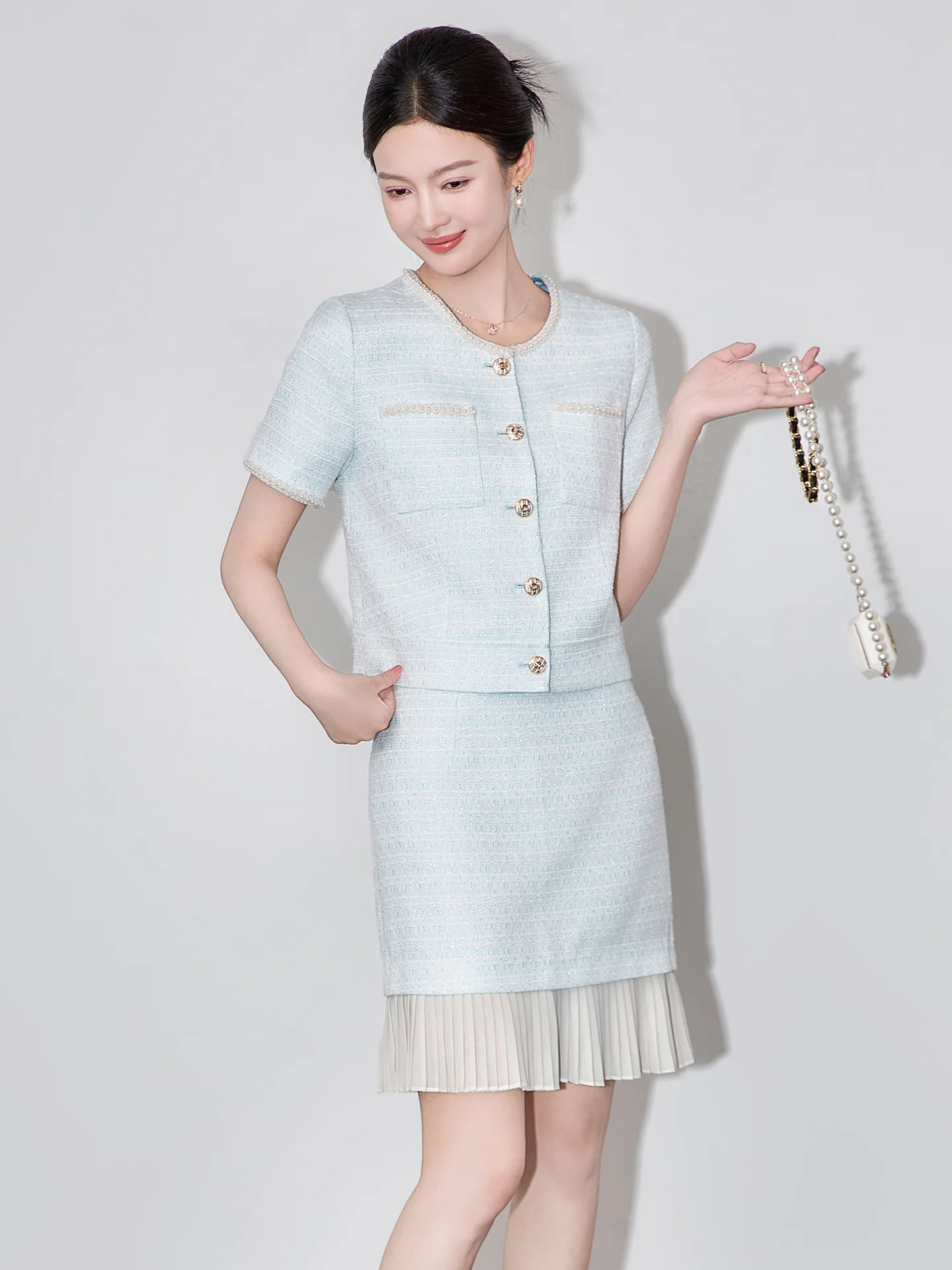 

Luxury Two Pieces Sets Blazer + pleated skirt suits Female Single Breasted Tops + mini Length Skirt Sets WY2294