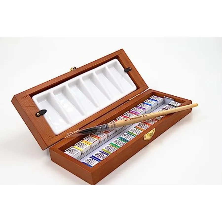 

Professional Watercolor Paint Set - 24 Half Pan Highly Pigmented Transparent Water Color Paints with #4 Synthetic Water color B