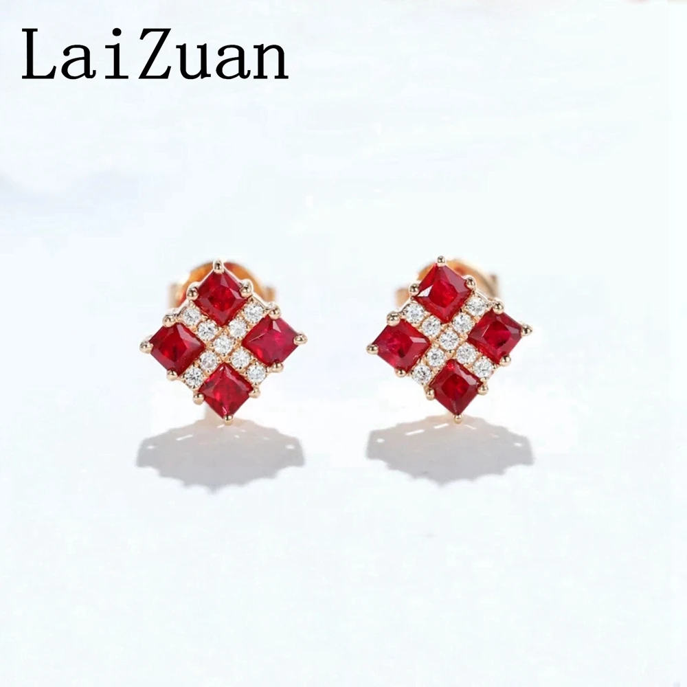 LaiZuan Solid 18K Rose Gold Cross Shape Sapphire/Ruby/Emerald Stud Earrings Real Diamonds Women's Antique Anniversary Party