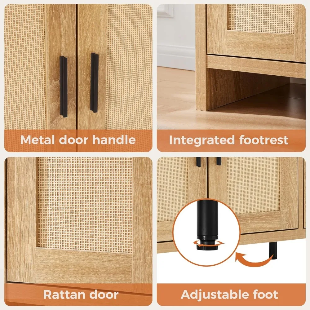 خزانة بوفيه الروطان مع مساحة تخزين، وخزانة جانبية مع أبواب وأرفف قابلة للتعديل، وطاولة محطة بار القهوة في المزرعة، ووضعها