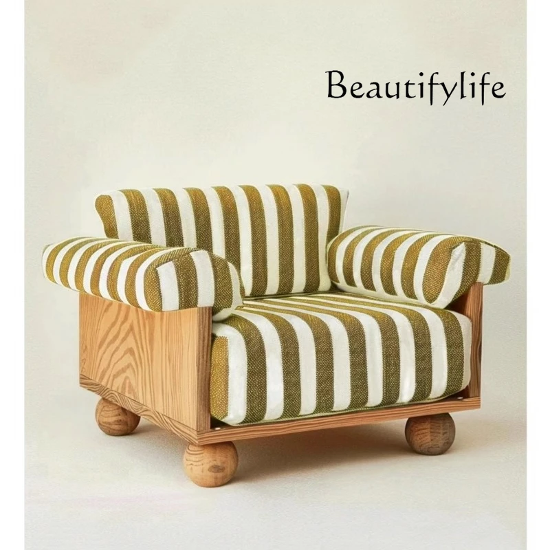 Medieval striped fabric solid wood base single sofa chair retro pastoral style casual and comfortable