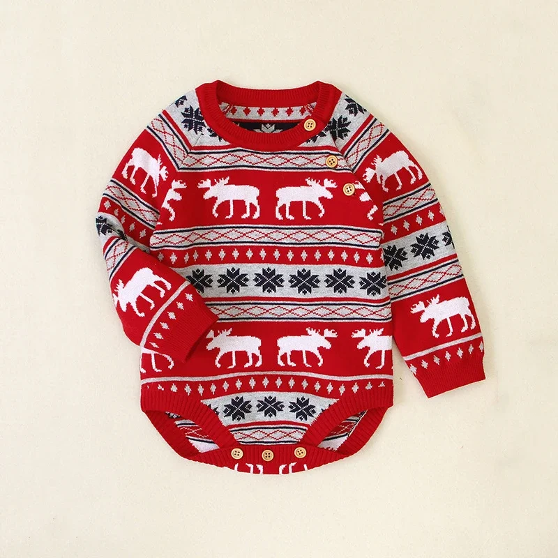 Newborn Sweater Romper Baby Girl Boy Christmas Knitted Jumpsuit Reindeer Outfit Warm Onesie Cute Baby Fall Winter Clothes