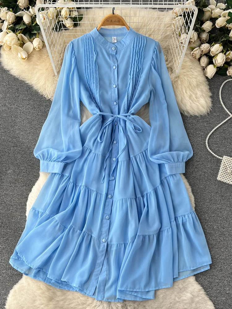 Women Casual Chiffon Dress Spring Autumn Long Sleeved Slim A-line Party Dresses French Chic Pleated Shirt Long Robe Vestidos