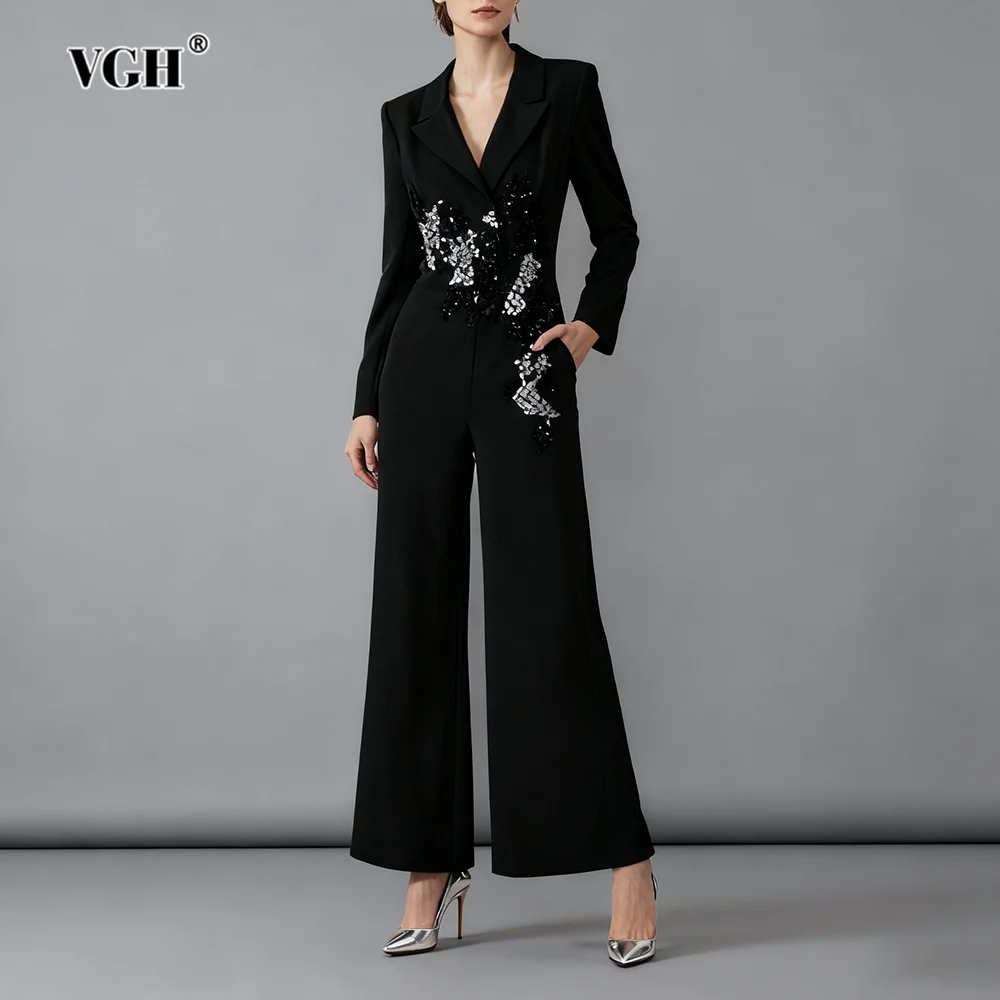 

VGH Elegant Slimming Spliced Diamonds Jumpsuits For Women V Neck Long Sleeve High Waist Pants Autumn Chic Jumpsuit Female New