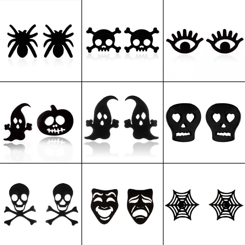 Punk Stainless Steel Skull Head Spider Ghost Stud Earrings Golden Men Women Fashion Jewelry Halloween Party Skeleton Earring