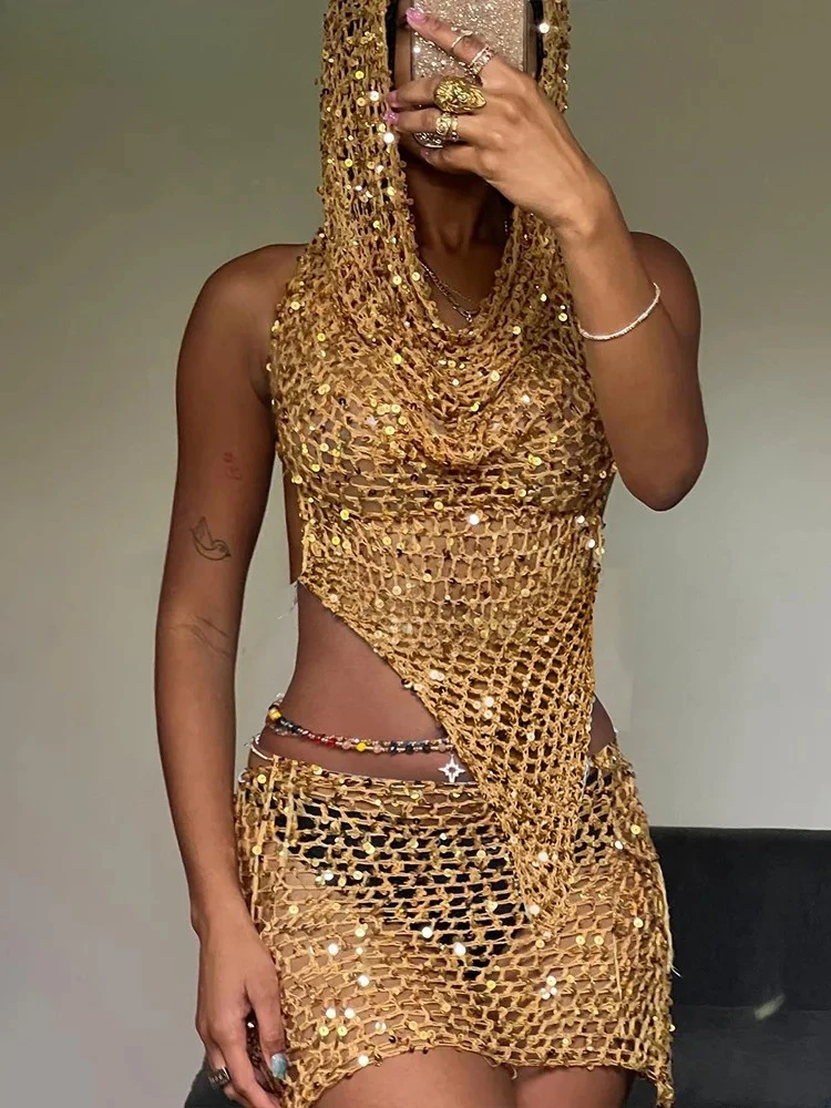 

Sequins Women 2piece Set Sexy See Through Irregular Backless Hooded Tank Tops+Peach Hip Skirts Midnight Clubwear Suit