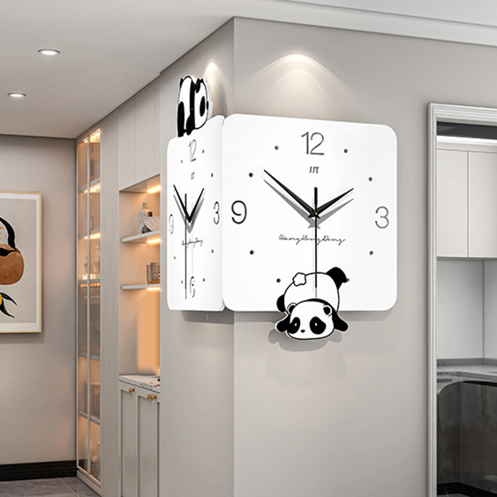 Corner Wall Clock Cartoon Panda Silent Nordic Wall Art for Living Room Decoration Children's Bedrooms Kitchen Bedroom Farmhouse