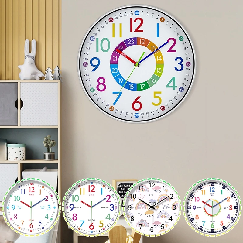 10 inch Early Childhood Education Clock Colorful Round Wall Clock Kids' Room Decor Non Ticking Learning Clock Wall Decoration