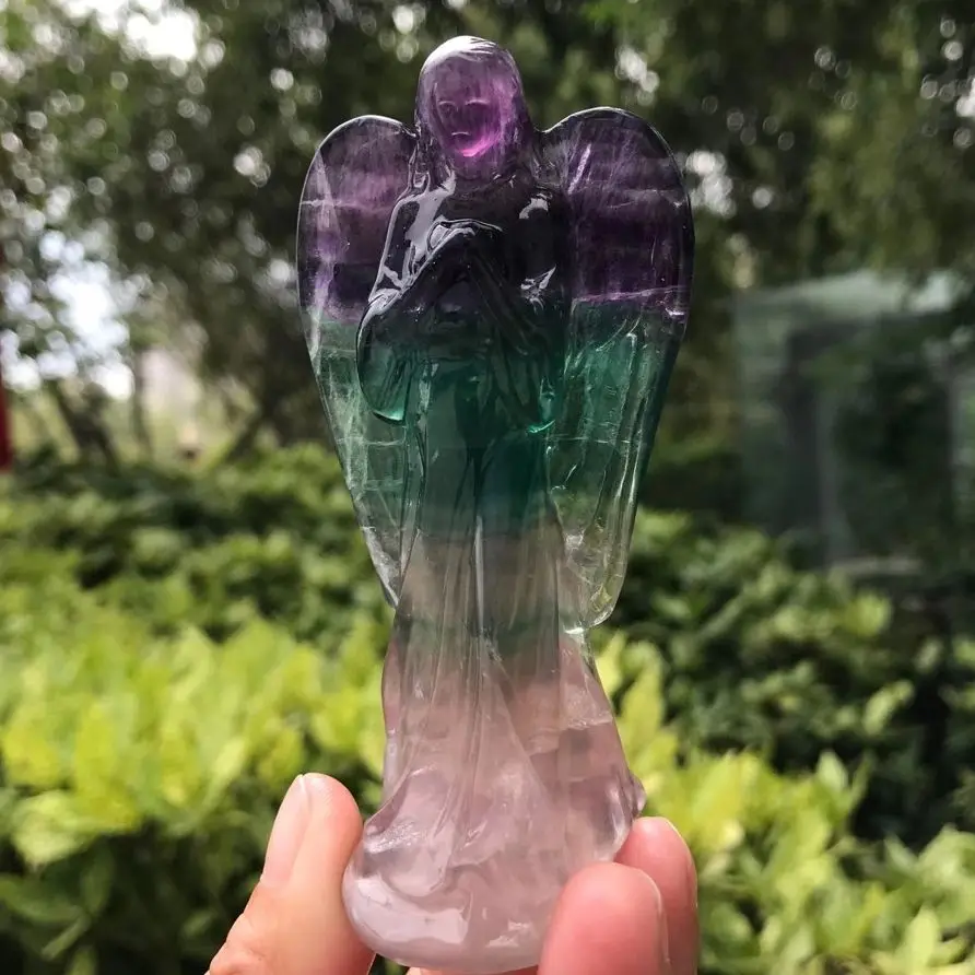 3pcs 100mm Natural Colorful Fluorite Angel Figurine Stone Carved Crafts Gemstone Home Decor Crystal Healing Reiki Quartz